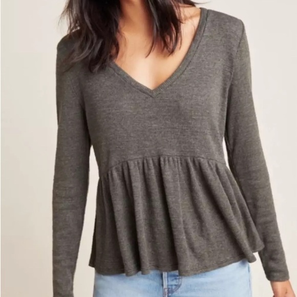 Anthropologie T.la | Gray Waffle Knit V-Neck Peplum Top, Small - Picture 2 of 7